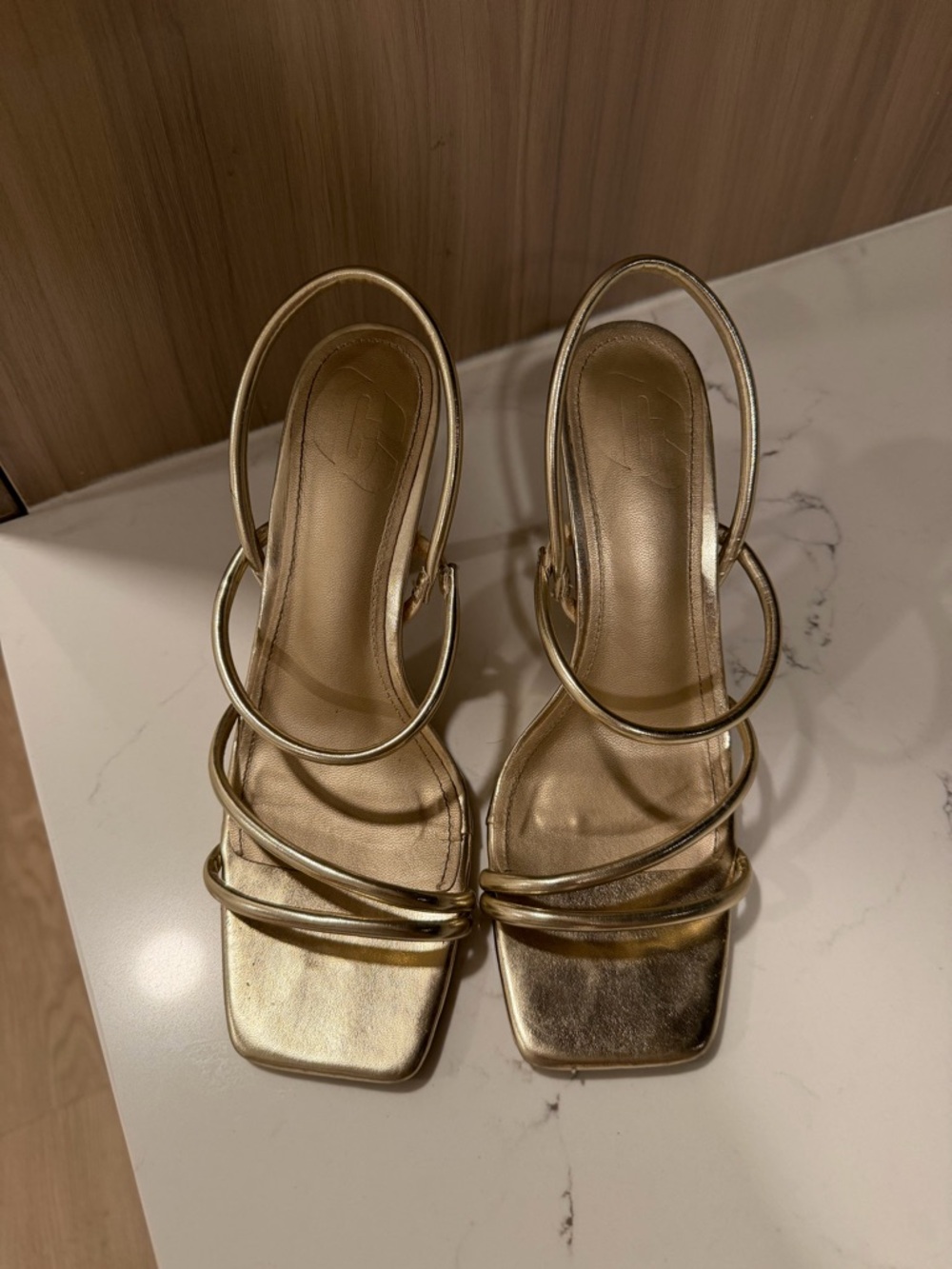 SHEIN Metallic Gold Strappy Square-Toe Slingback Heels